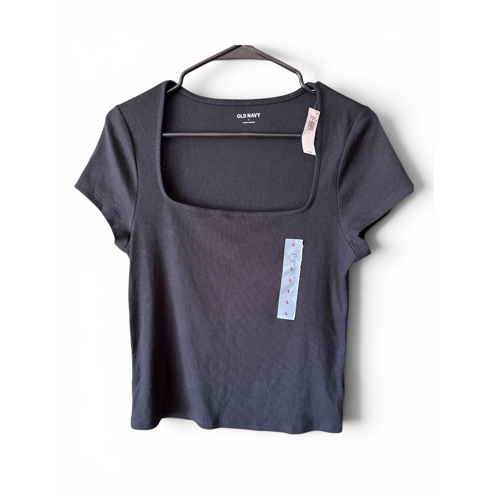 Old Navy Women'sBlack Short Sleeve T-Shirt Size Large Square Neck NWT